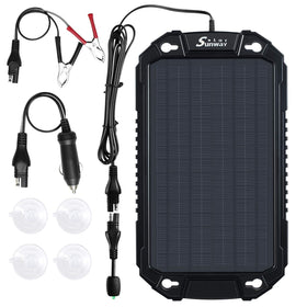 Sunway Solar 8W panel on windshield powering a 12V car battery.