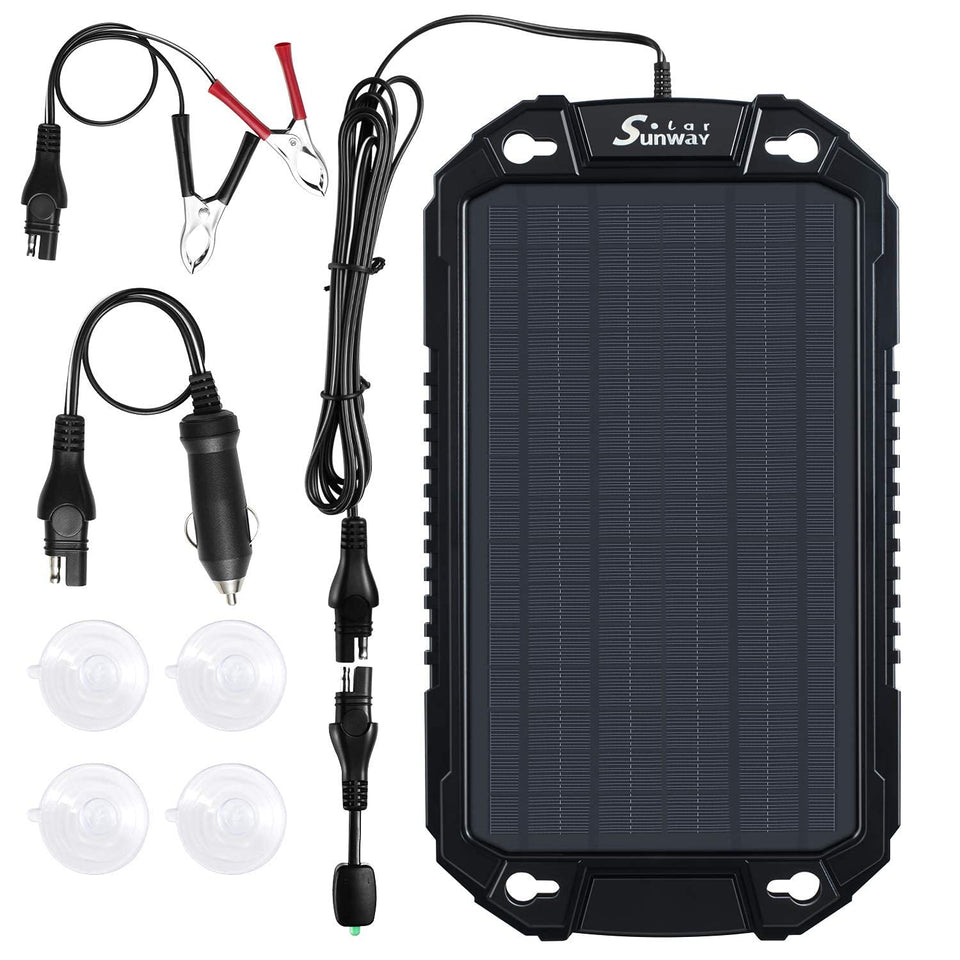Sunway Solar 8W panel on windshield powering a 12V car battery.