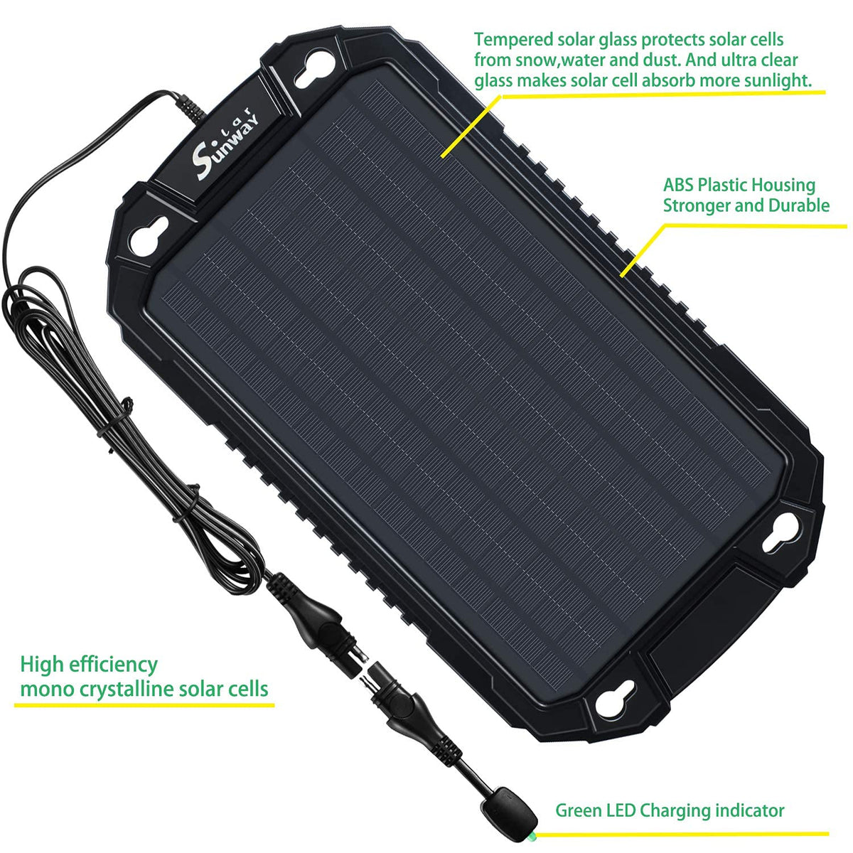 Sunway Solar trickle charger with cigarette lighter plug facilitates quick setup.
