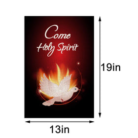 Sunwer Come Holy Spirit flag side view showing print readable from both sides outdoors.