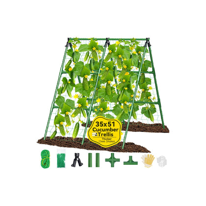 Sunwinx cucumber trellis assembly supports climbing vines in a raised bed for tidy growth.