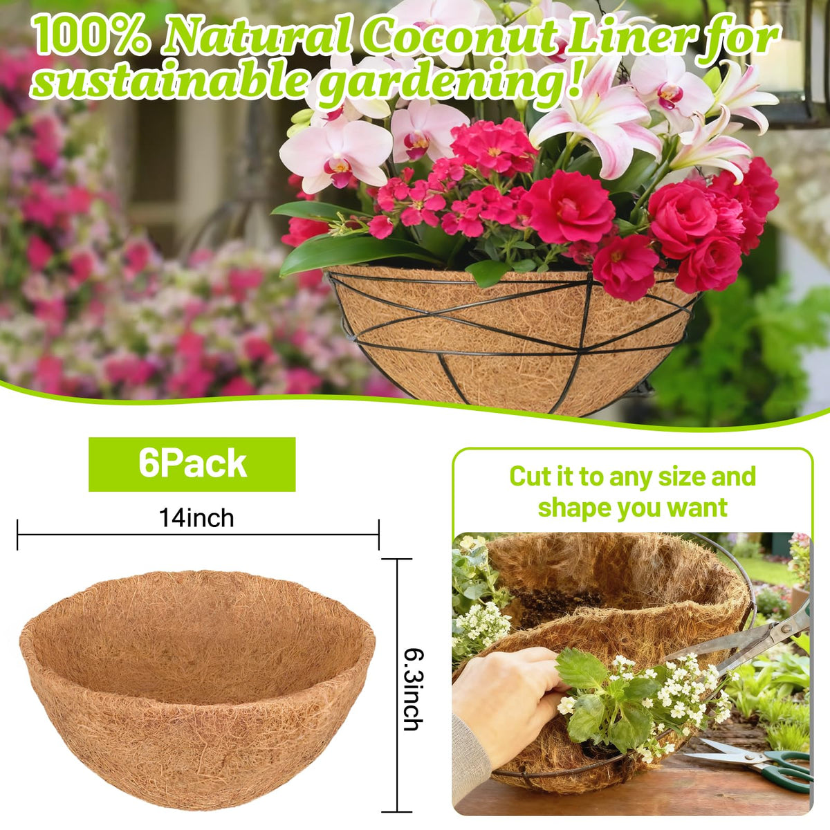 Sunwinx coco liner closeup shows natural fiber and air-permeable design for healthier roots.
