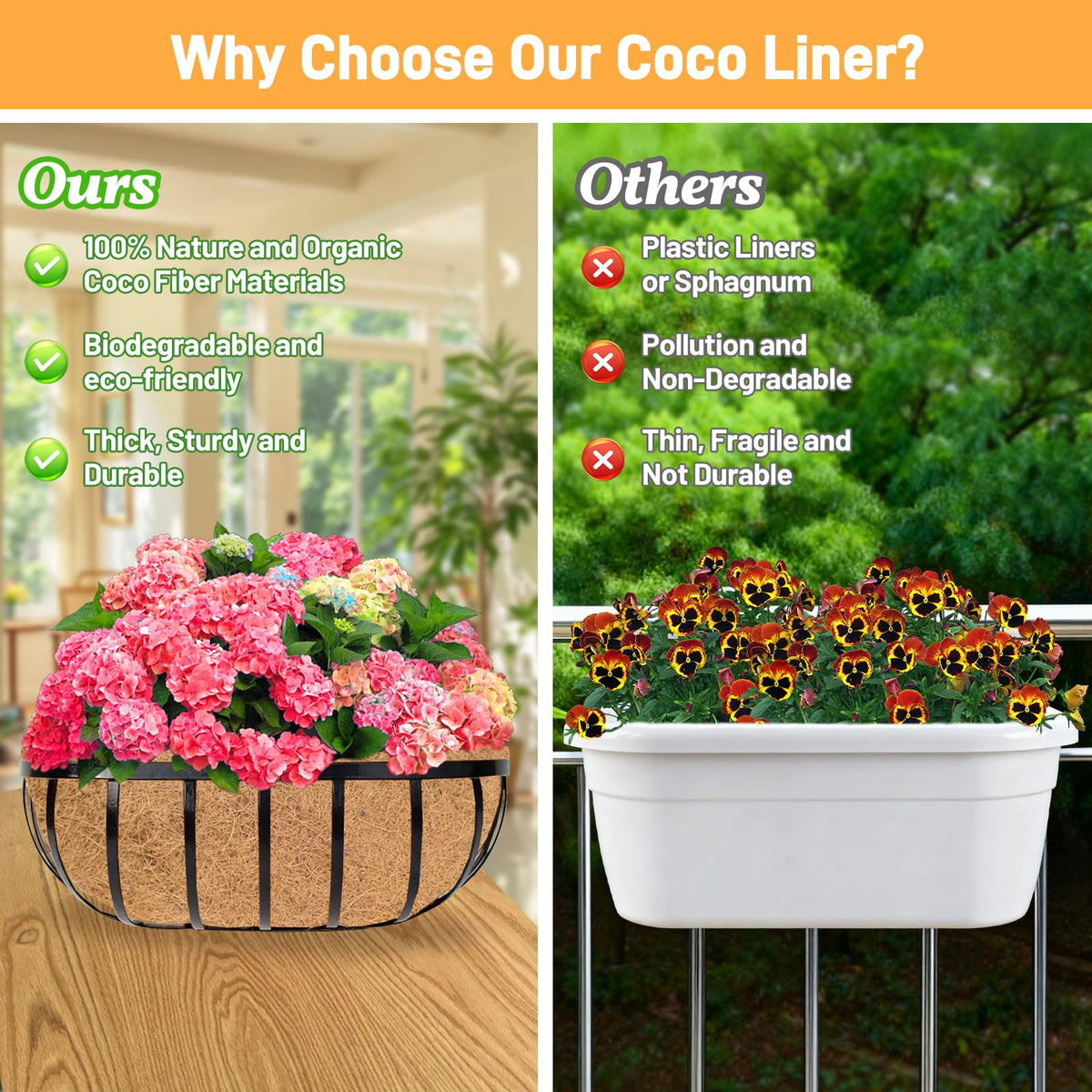 Sunwinx moisture-retaining coconut liners help keep soil evenly moist between waterings.