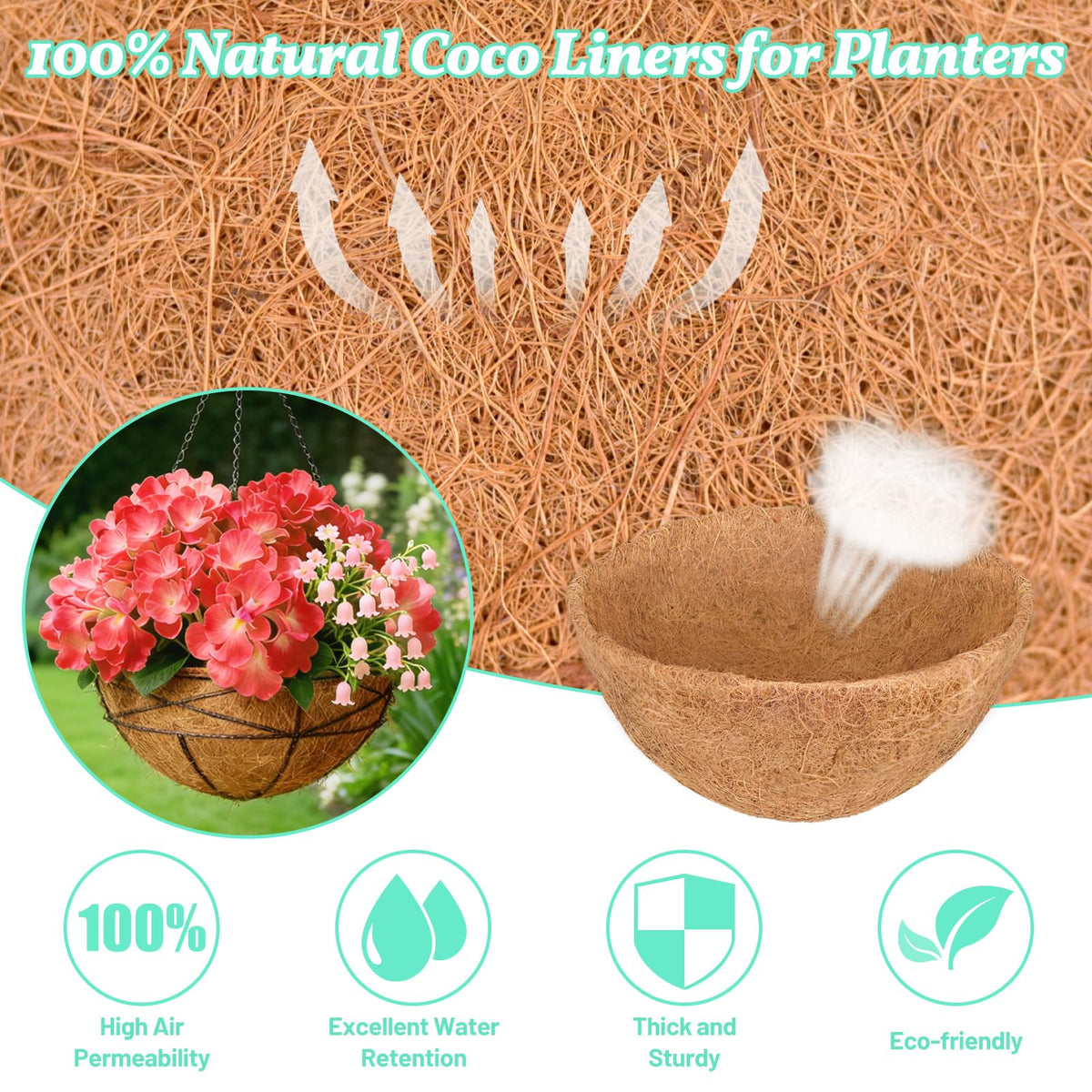Sunwinx natural coconut fiber liner provides durable, weather-ready planter support.