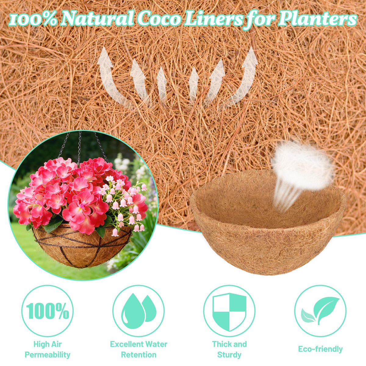 Sunwinx natural coconut fiber liner supports healthy roots in planters.