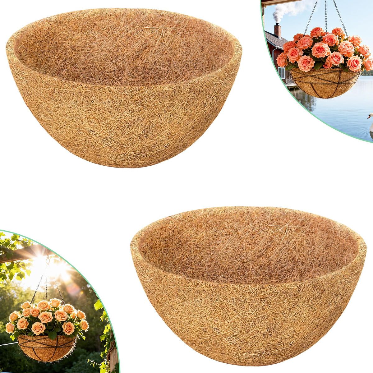 Sunwinx round coconut liner fits 16-inch hanging baskets for vibrant, breathable plant displays.