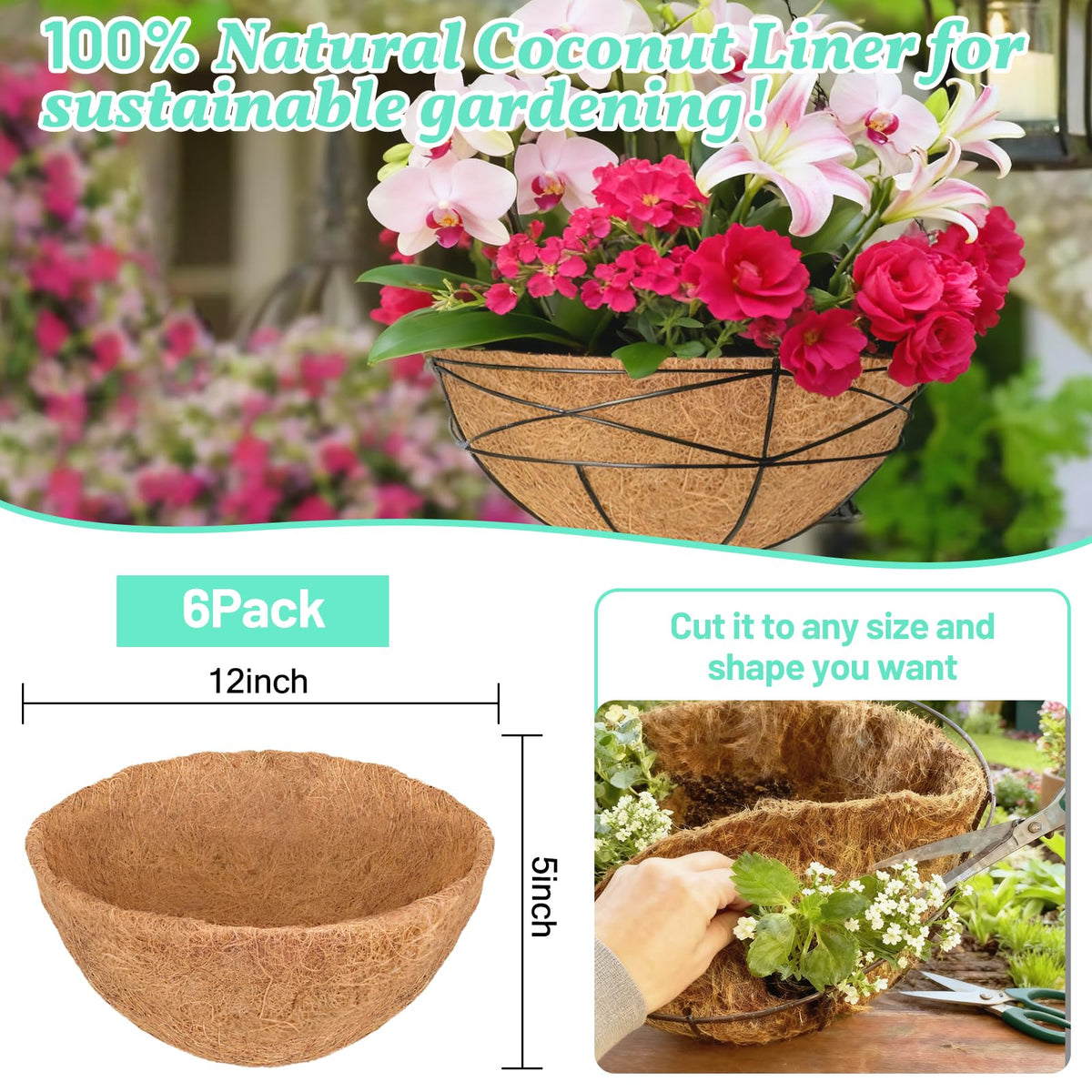 Sunwinx round coconut liner in a hanging basket highlights lush blooms.