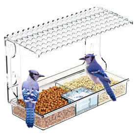 SuoXing Window Bird Feeder seed tray detaches for quick refills and easy cleaning.