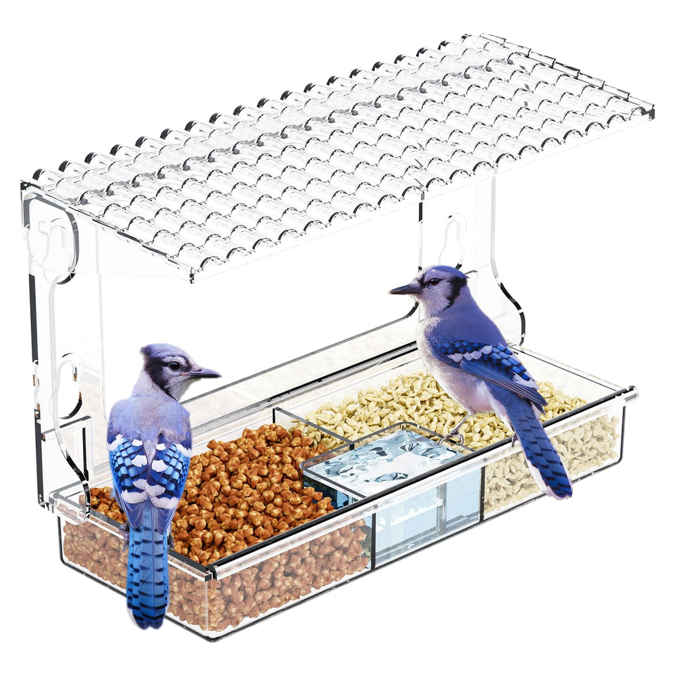 SuoXing Window Bird Feeder seed tray detaches for quick refills and easy cleaning.