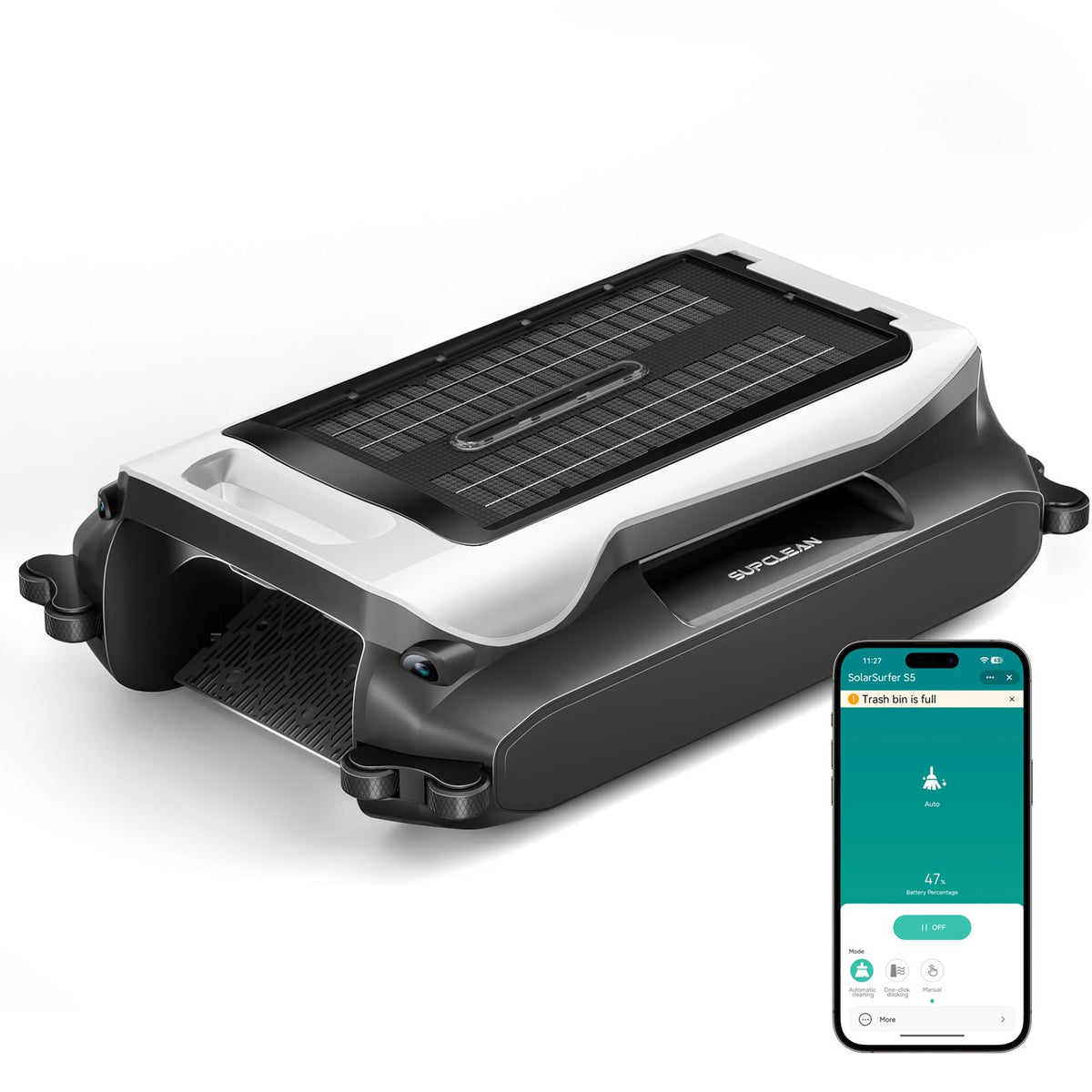 Supclean solar pool skimmer robot gliding on water for surface cleaning.