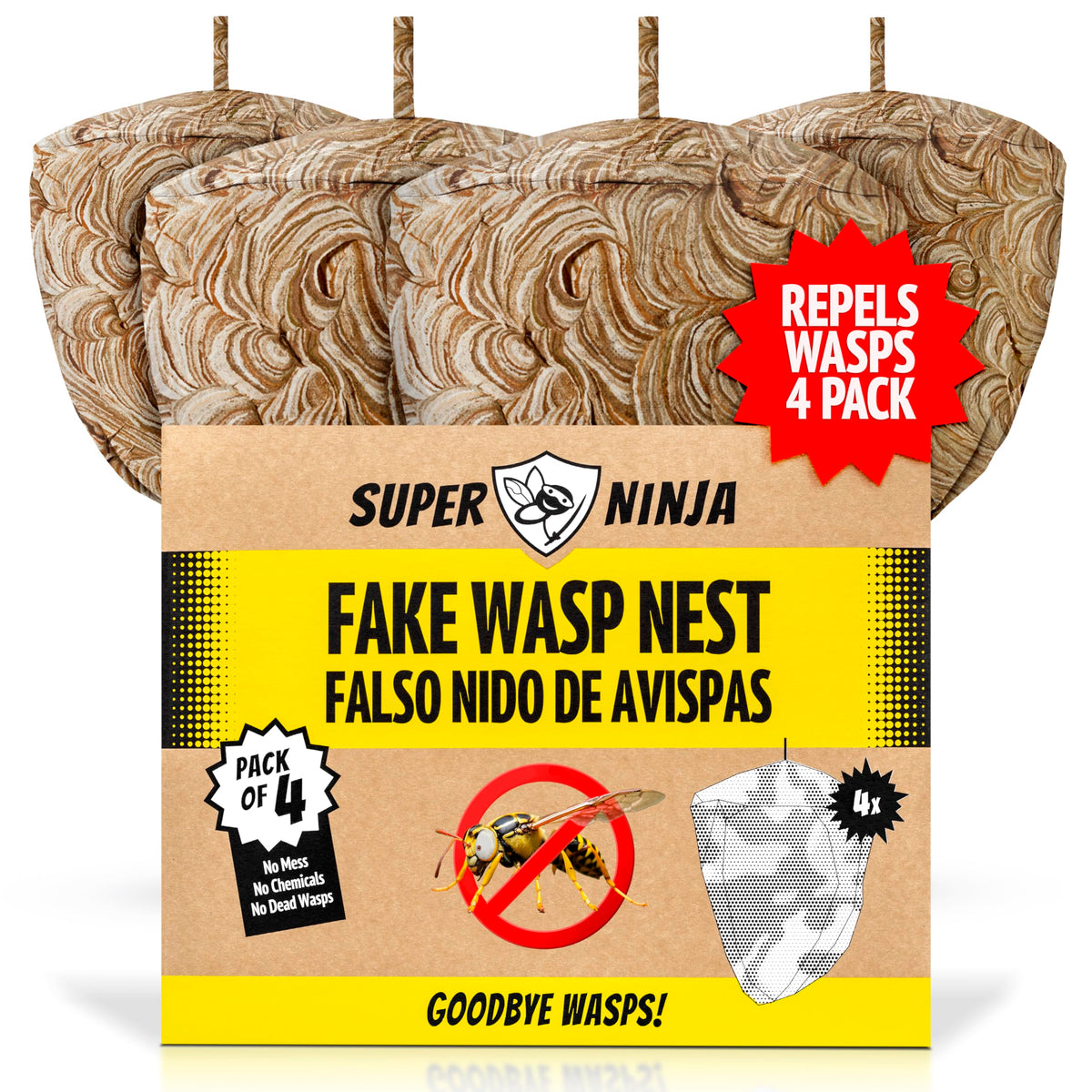 Super Ninja Fake Wasp Nest 4-pack hanging to deter wasps in outdoor spaces.