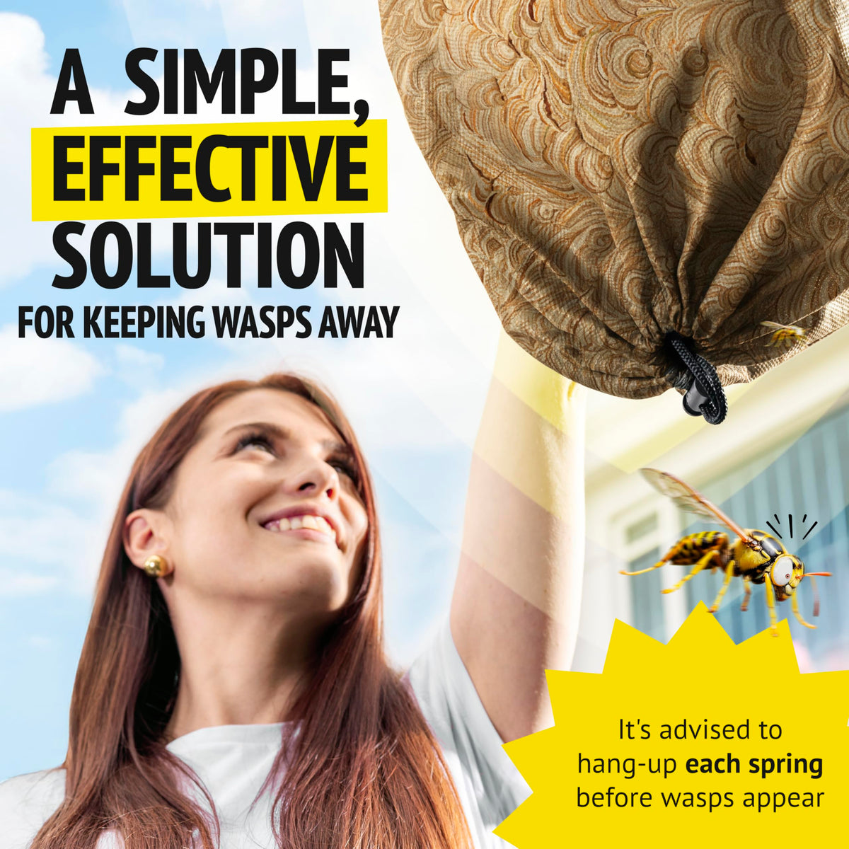Super Ninja wasp nest decoy shields patios from buzzing intruders with a natural look.