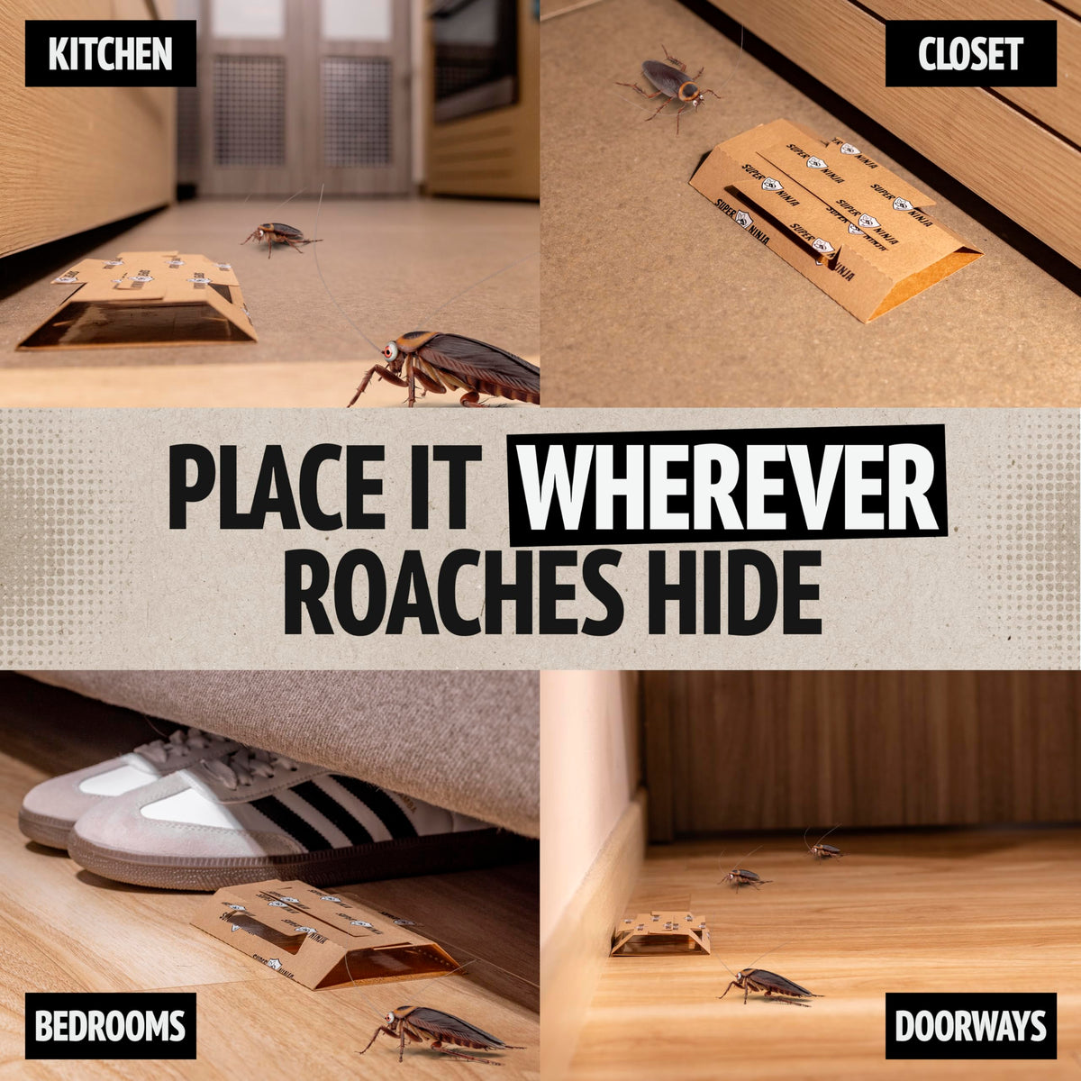 Super Ninja roach traps six-pack display shows convenient multi-room setup.