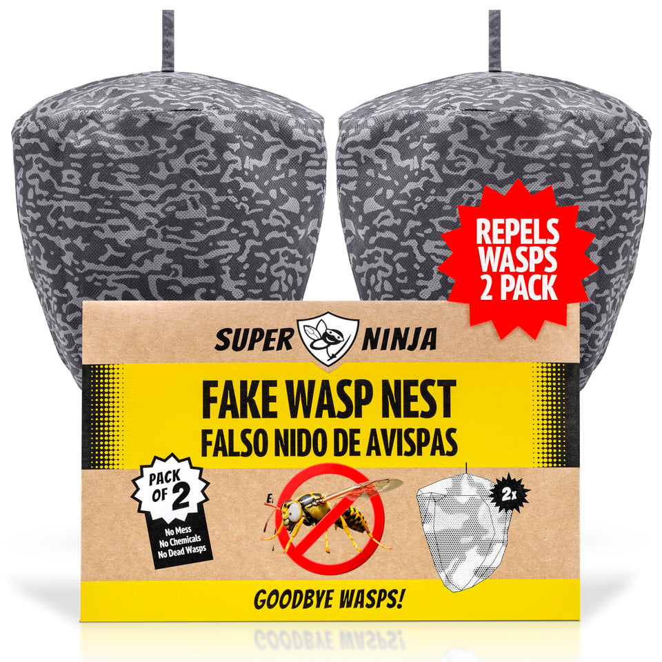 Super Ninja fake wasp nest 2-pack hanging outdoors deters wasps naturally.