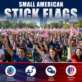 Multi-color US stick flag suitable for events and displays.
