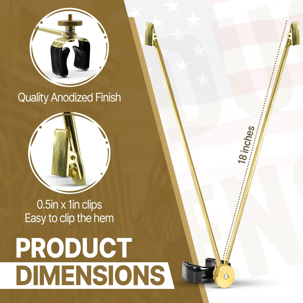 Super Tough Gold Flag Spreader arm 18in enables adjustable spread for balanced displays.