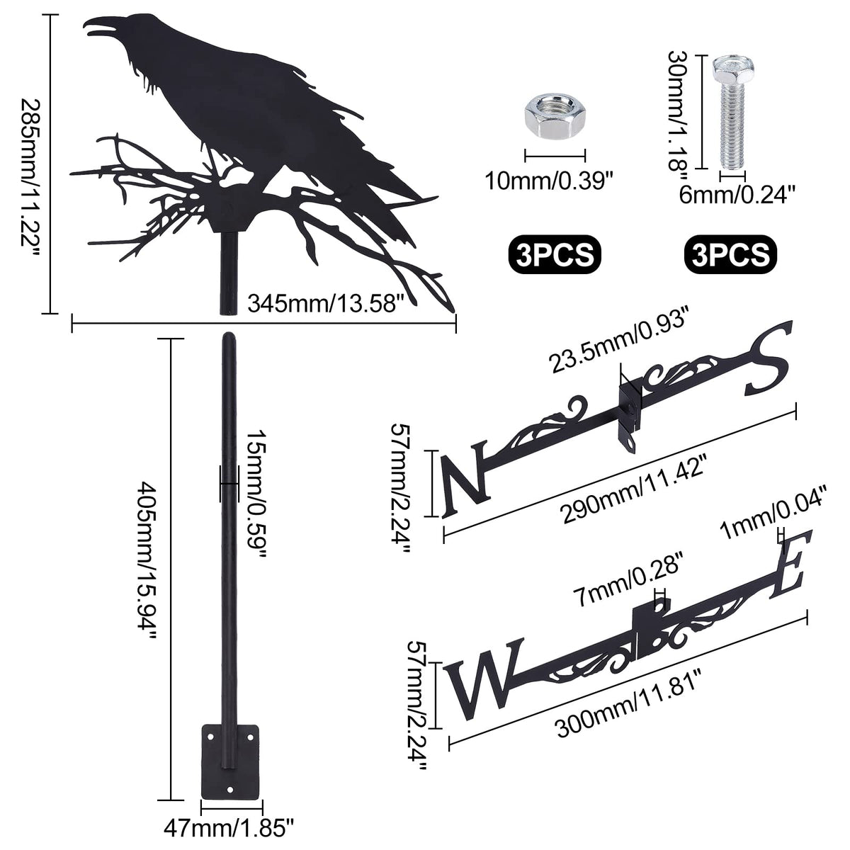 SUPERDANT crow on branch weathervane with directional arrows helps wind reading.