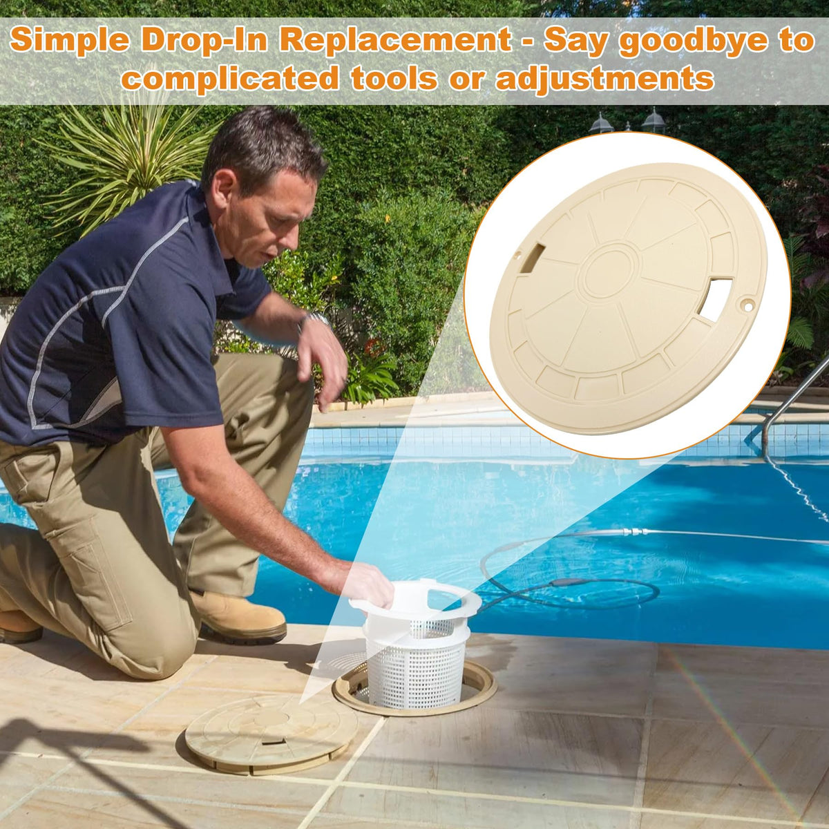 SuperDi tan skimmer cover detail, easy-to-see fit for Hayward skimmers.