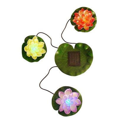 Superdream lily pad lights float on water, casting bright, safe illumination for ponds at night.