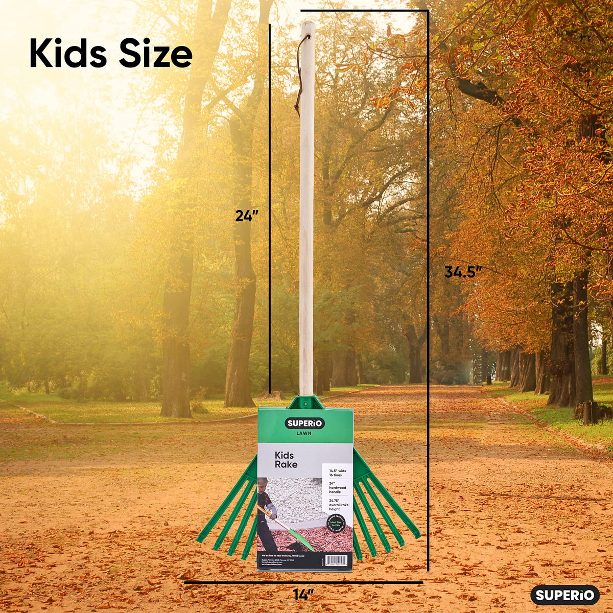 Superio Kids Rake plastic-tines highlight quick leaf collection in outdoor tidying.