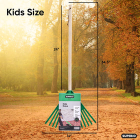 Superio Kids Rake plastic-tines highlight quick leaf collection in outdoor tidying.