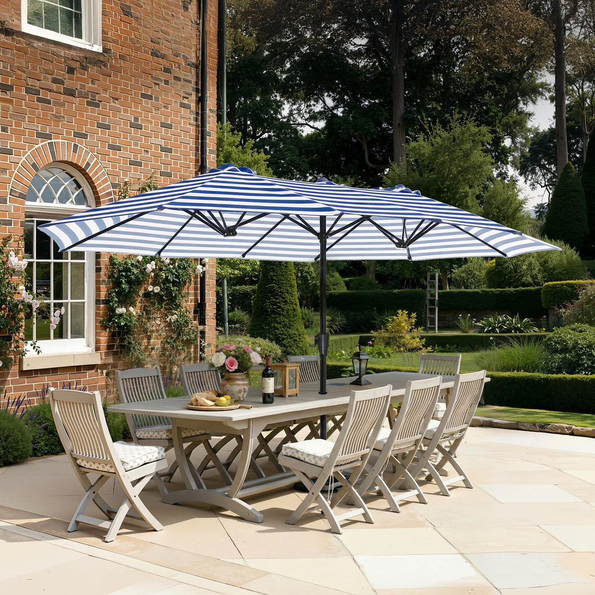 SUPERJARE 13ft outdoor umbrella in blue and white stripe provides broad shade for gatherings.