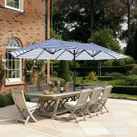 SUPERJARE 13ft outdoor umbrella in blue and white stripe provides broad shade for gatherings.