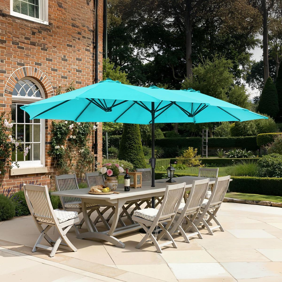 SUPERJARE 13ft outdoor umbrella with light blue canopy providing wide shade.