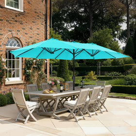 SUPERJARE 13ft outdoor umbrella with light blue canopy providing wide shade.