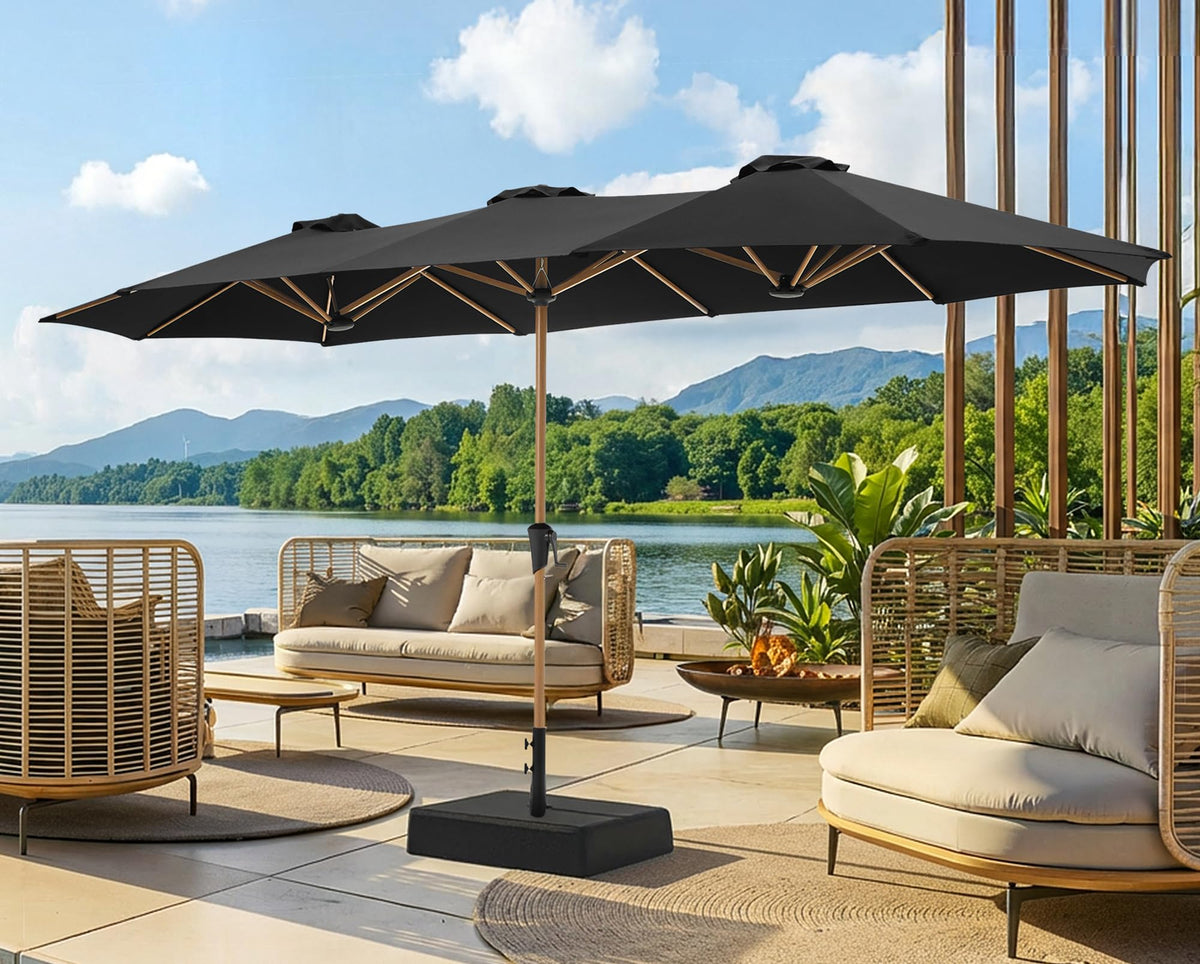 SUPERJARE 13ft patio umbrella opened, providing wide shade for outdoor gatherings.