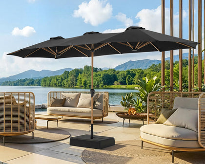 SUPERJARE 13ft patio umbrella opened, providing wide shade for outdoor gatherings.