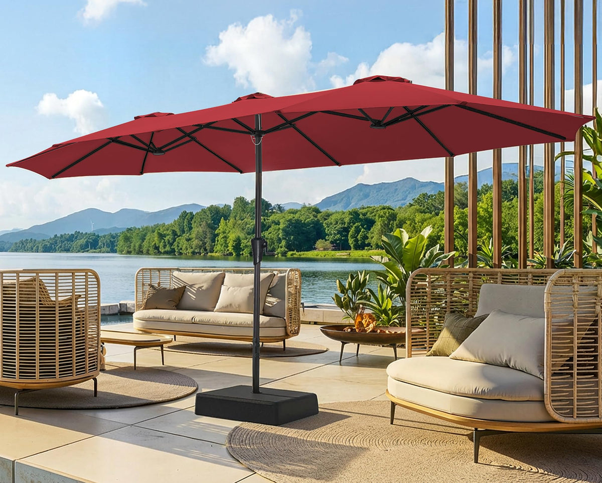 SUPERJARE 15FT burgundy patio umbrella provides wide shade for outdoor dining and lounging.