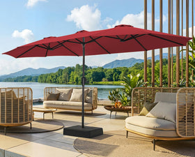 SUPERJARE 15FT burgundy patio umbrella provides wide shade for outdoor dining and lounging.