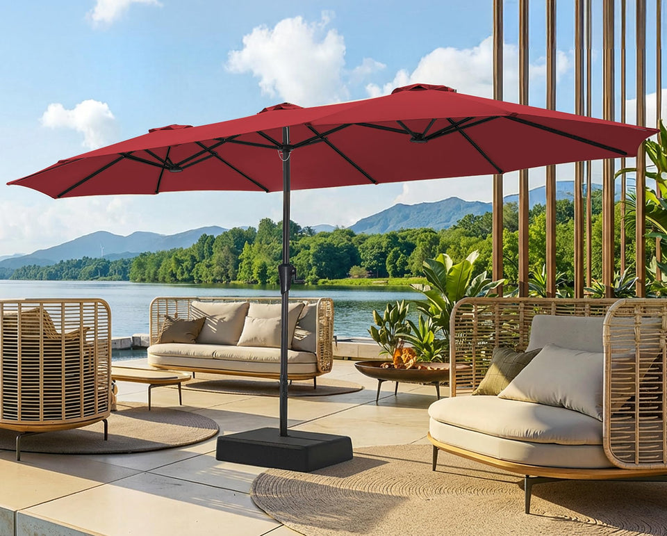 SUPERJARE 15FT burgundy patio umbrella provides wide shade for outdoor dining and lounging.