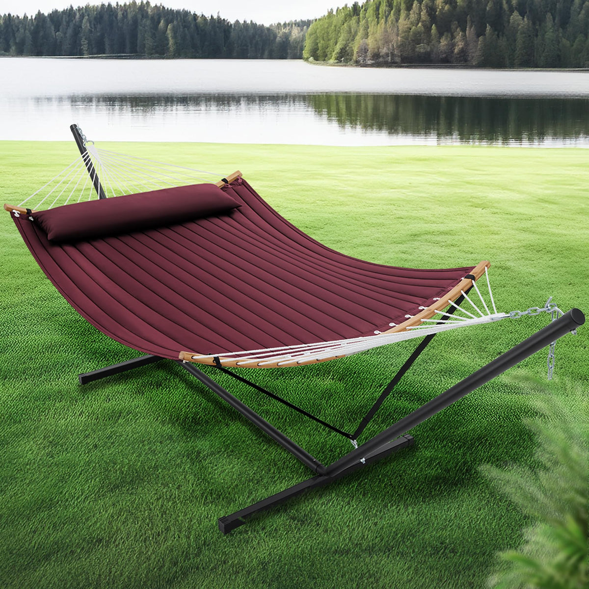 Detachable pillow on the SUPERJARE hammock boosts lounging comfort.