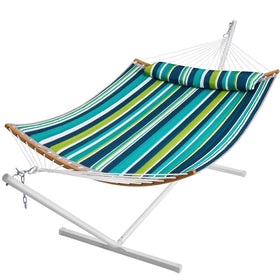 SUPERJARE curved-bar hammock with stand in blue-green stripe for outdoor lounging