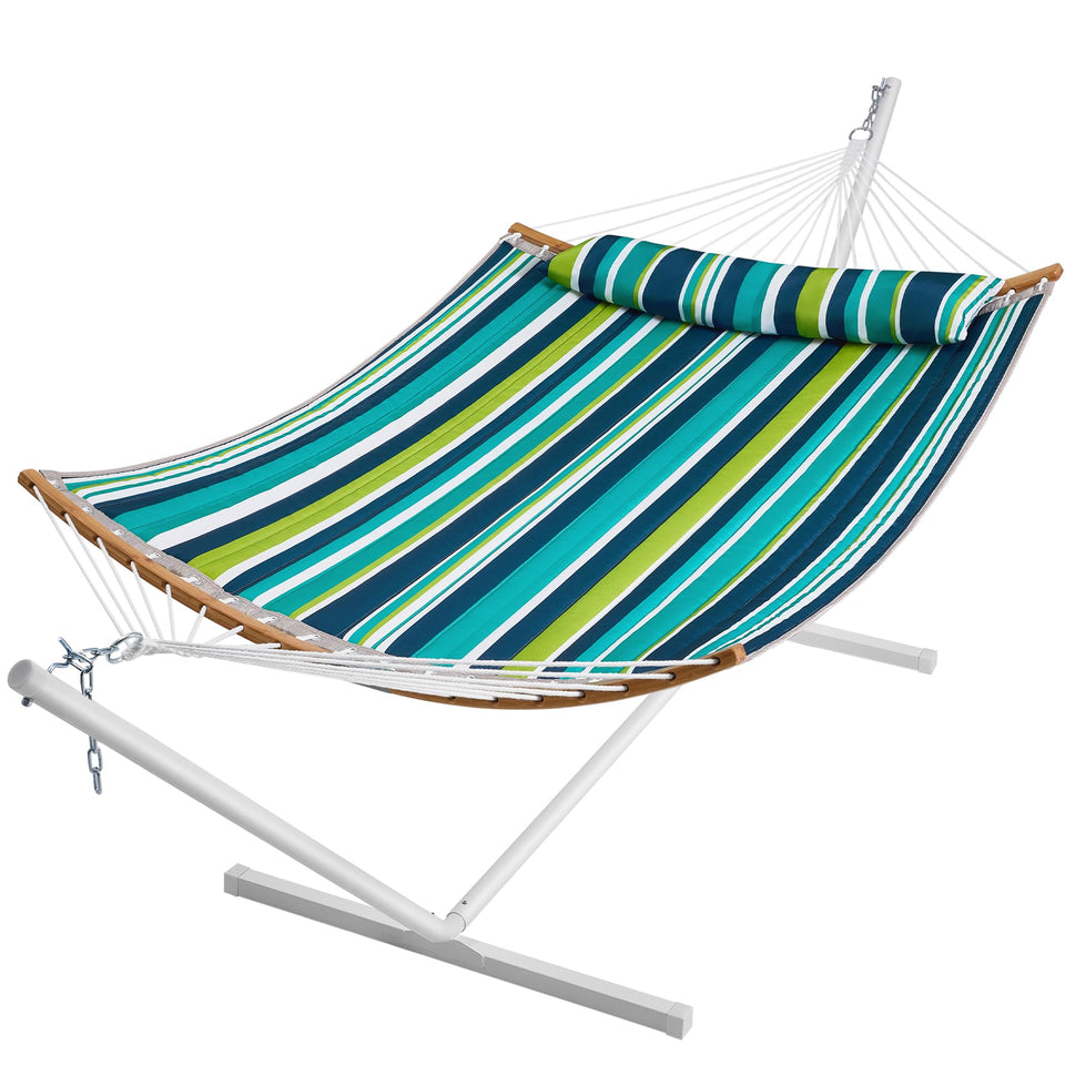 SUPERJARE curved-bar hammock with stand in blue-green stripe for outdoor lounging
