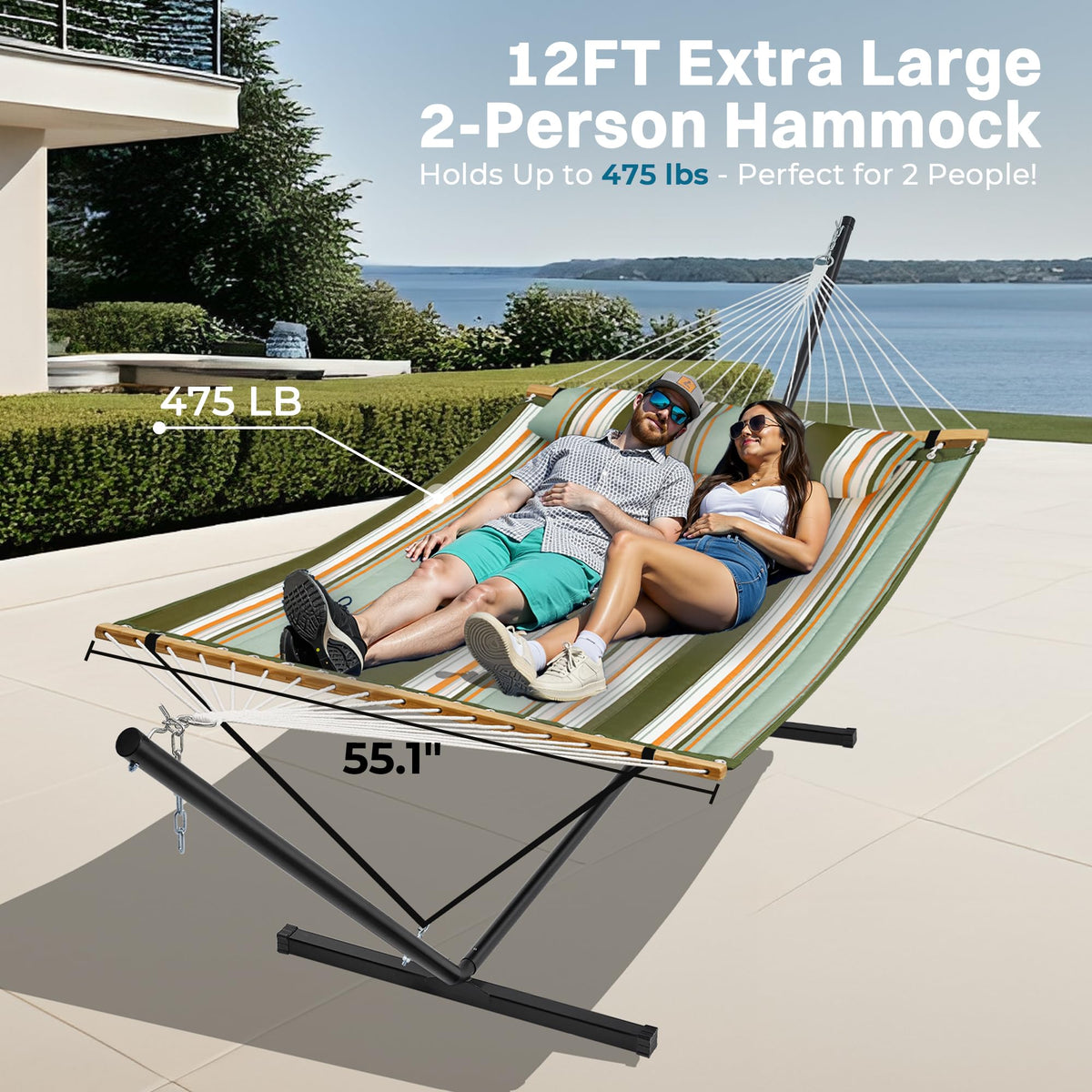 Detachable pillow on the SuperJARE hammock adds head support for relaxed reading.