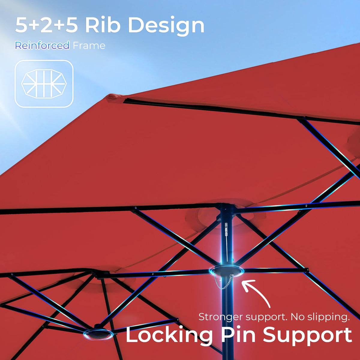 Double-sided canopy offers versatile shading from multiple angles.