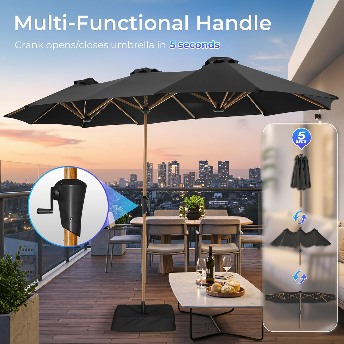 SUPERJARE double-sided canopy provides broader shade for more seating.