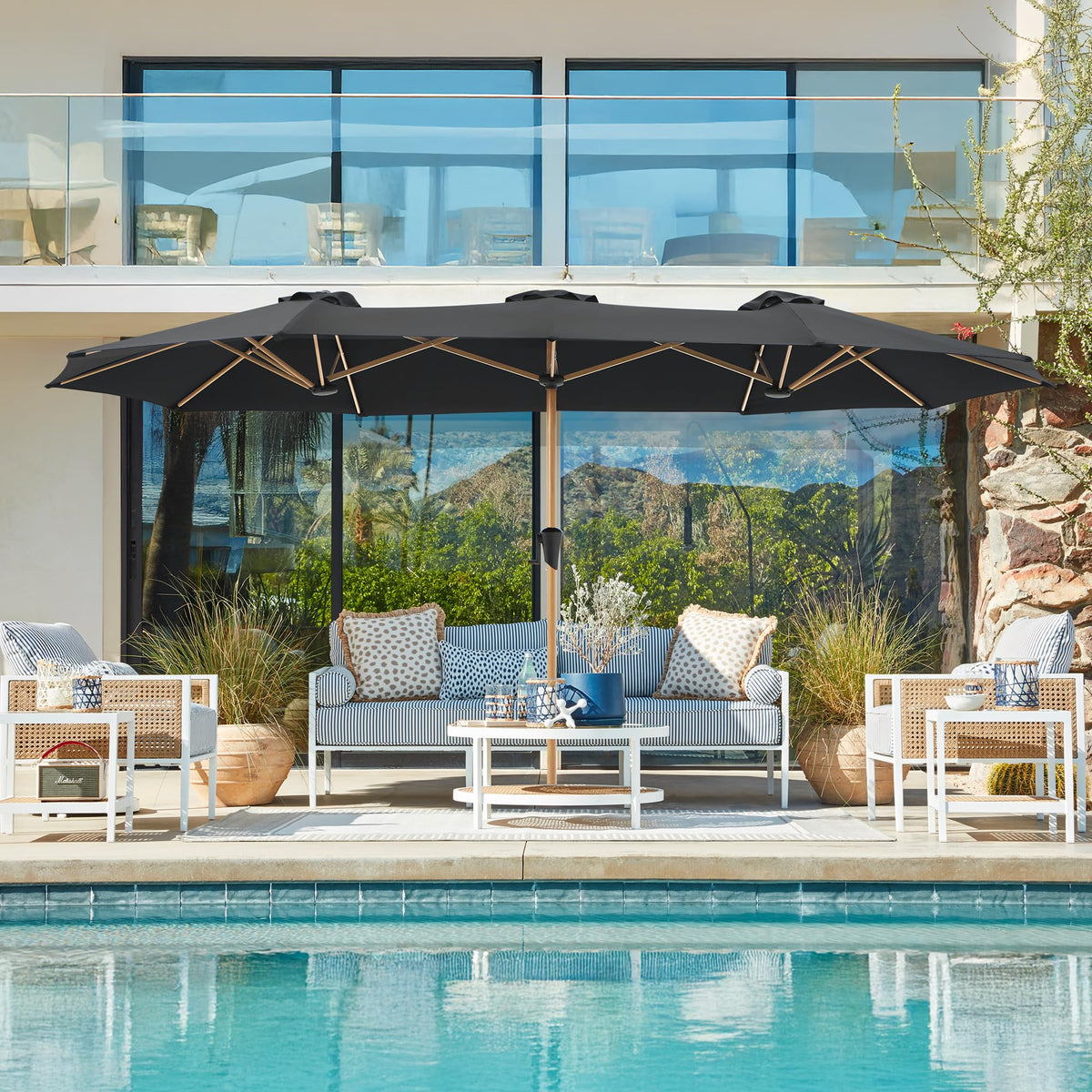 SUPERJARE double sided pool umbrella demonstrates versatile sun protection by the water