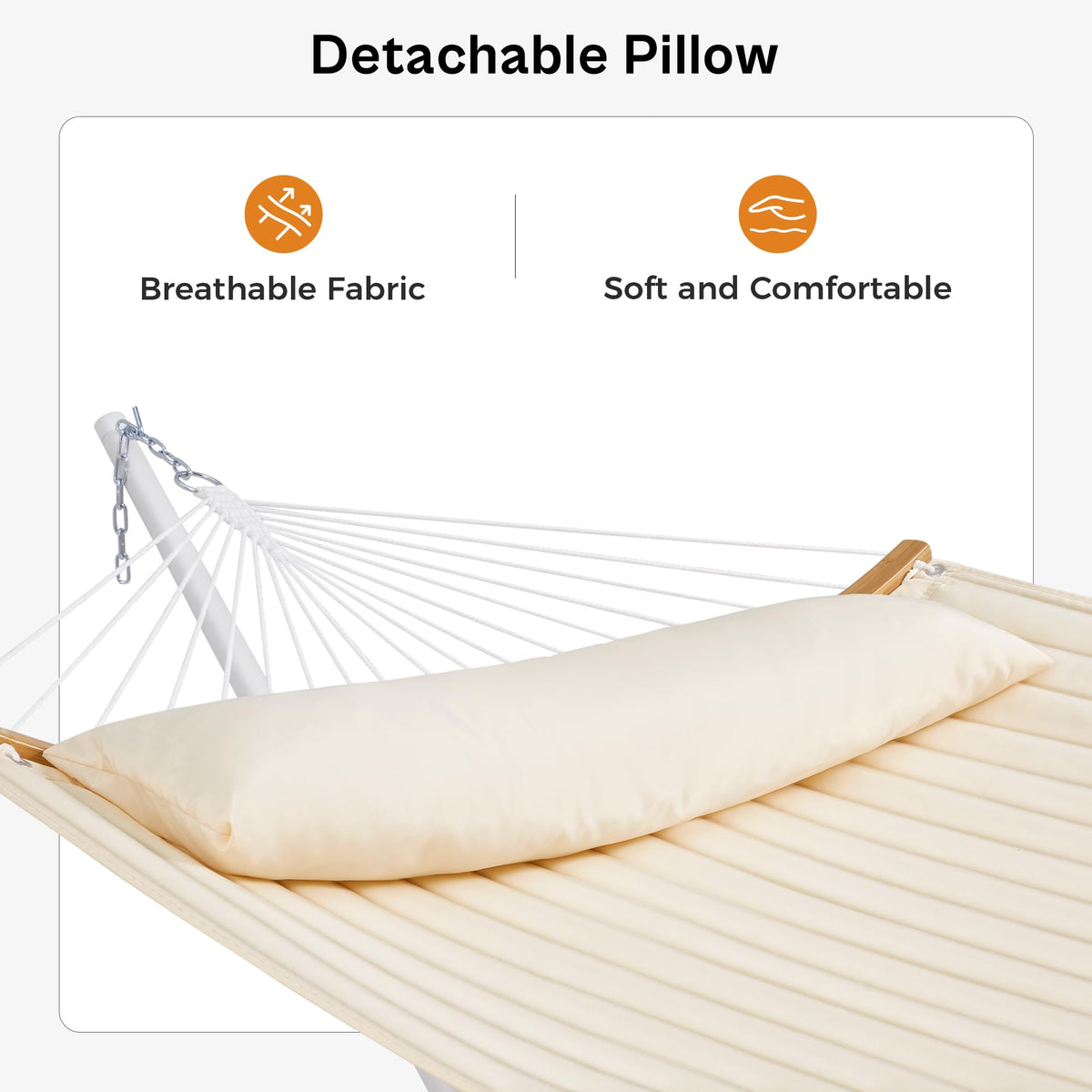 Detachable pillow on the SUPERJARE hammock provides neck support.
