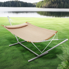 Detachable pillow on SuperJare hammock enhances neck comfort outdoors