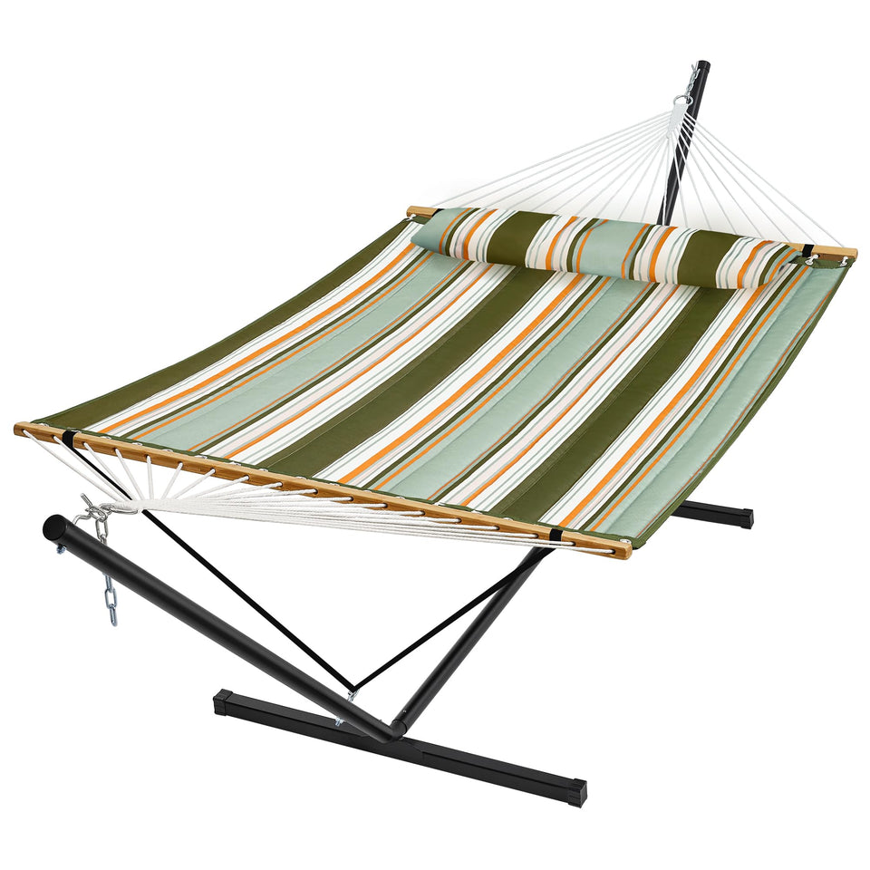 SuperJARE hammock with stand in retro green offers two-person comfort for outdoor lounging.