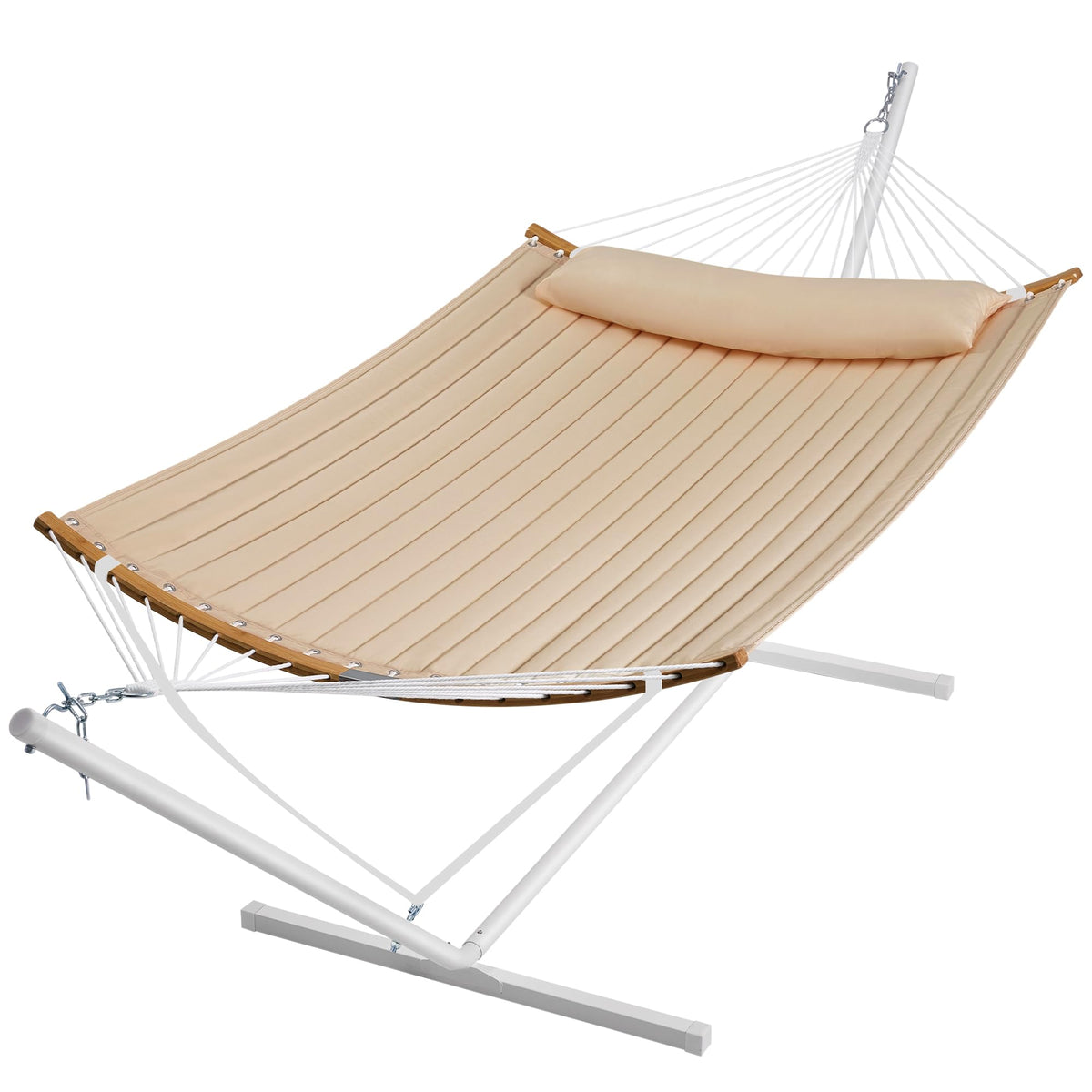 SuperJare hammock with stand in beige setup for two-person relaxation
