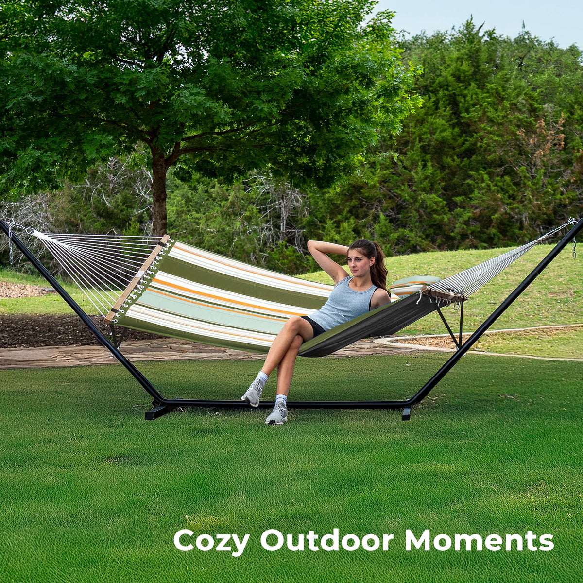 SuperJARE heavy-duty hammock stand supports up to 475 lbs for durable outdoor use.