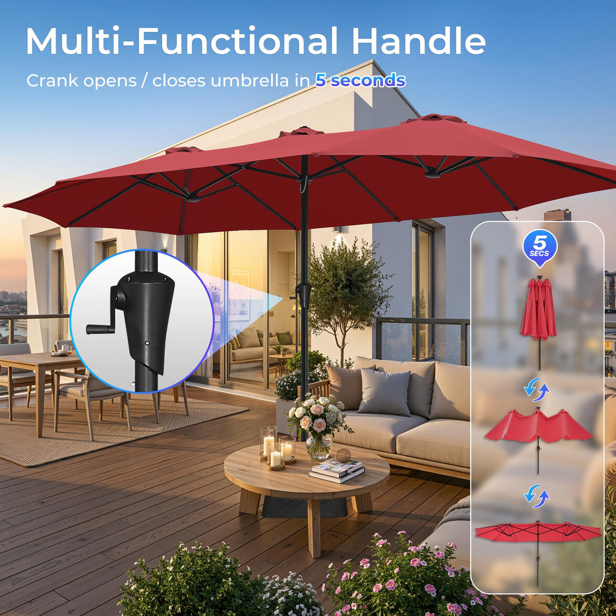 Two sandbags help stabilize the umbrella on windy outdoor spaces.