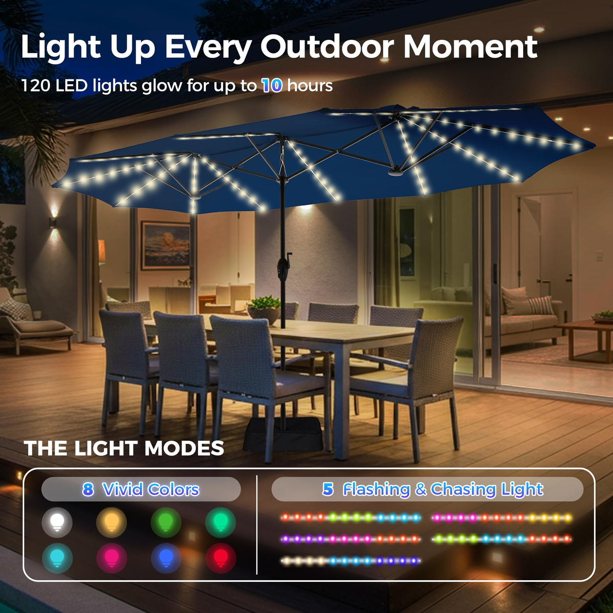 LED lights along umbrella ribs creating cozy night ambiance for outdoor use