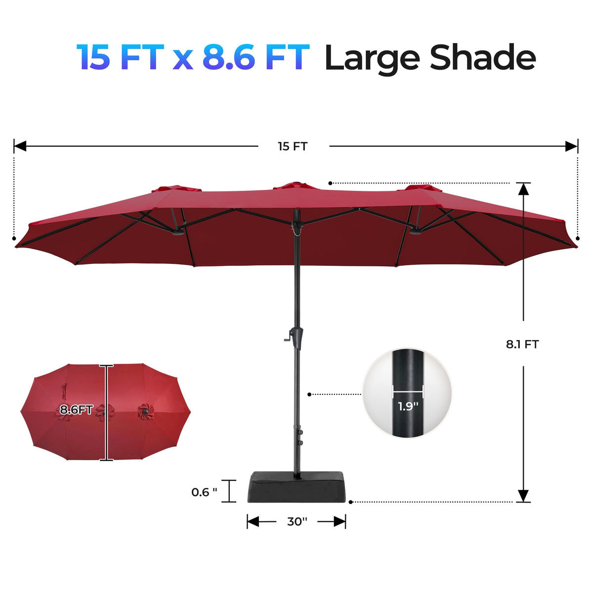 Expansive shade covers 6 to 8 seats, ideal for decks and backyard gatherings.