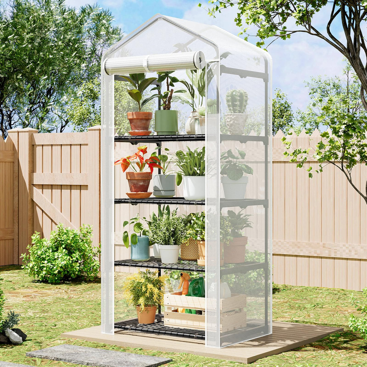 SUPERLELE balcony setup showing four-tier shelves for plant organization.